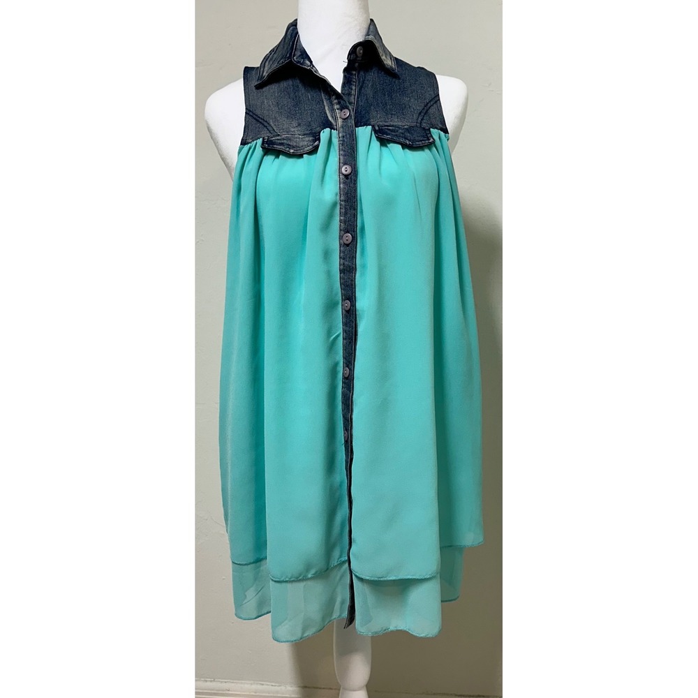 Papillon mixed denim and Chiffon Sleeveless flowy Top Mint Green NWT Medium